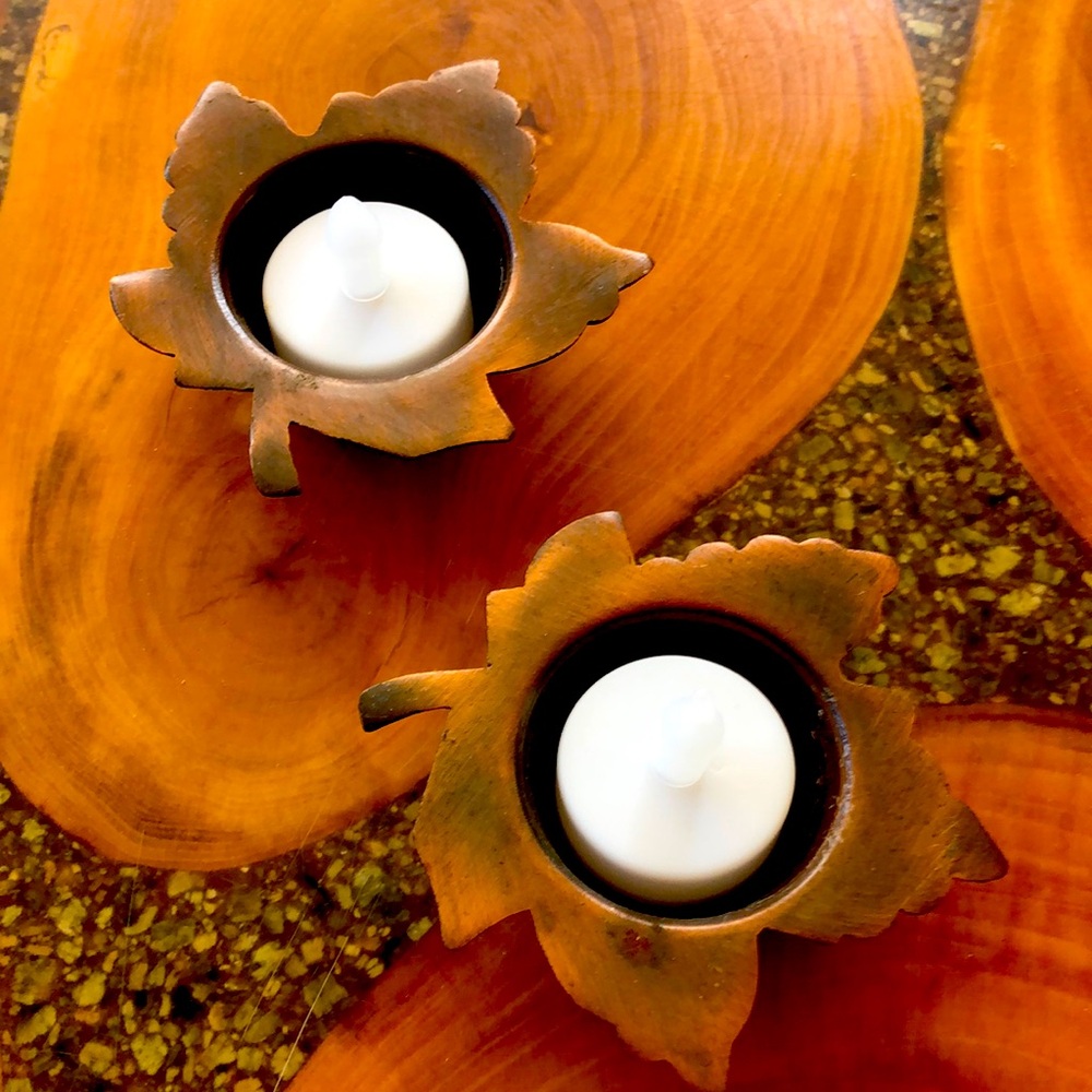 Bombay vintage metal autumnal leaf tea light candle holders, set of 2
